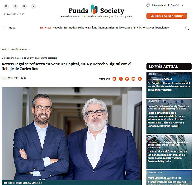 Across Legal se refuerza en Venture Capital, M&A y Derecho Digital con el fichaje de Carles Ros